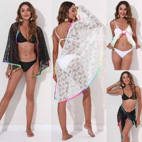 Capa de Playa Sexy de Encaje Transparente para Mujer Con Adorno de Pompones Coloridos Chal Sarong Irregular para Vacaciones