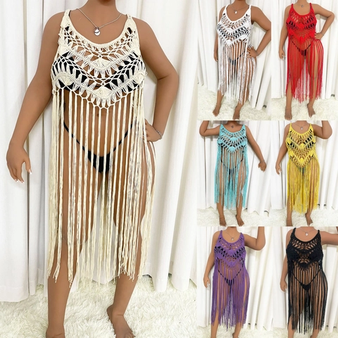Sobretodo de Playa de Ganchillo para Mujer Borlas Calado Sin Mangas Bohemio Vestido para Vacaciones Verano Pool Party