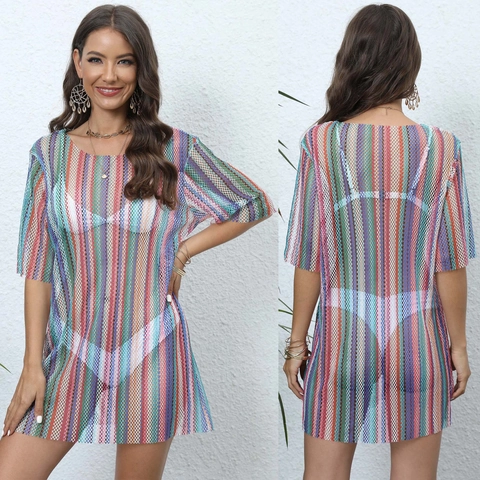 Bunte Vertikal Gestreifte Mesh Strand Überwurf Damen Rundhalsausschnitt Kurzarm Durchsichtiges Bikini Badebekleidung Kleid