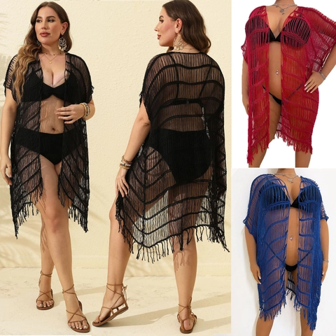 Damen Plus Size Häkel Strand Überwurf Lochstrick Fransen Offene Front Strickjacke Sommer Badeanzug Cover Up Cardigan