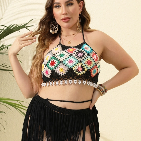 Damen Übergröße Boho Handgehäkelt Granny Square Halter Top Und Fransenrock Strandbekleidung Bikini Für Den Urlaub