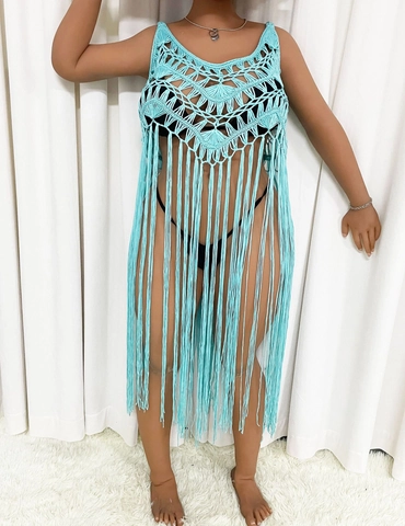 Damen Häkeln Strand Überwurf Quasten Ausschnitt Ärmellos Boho Badeanzug Coverup Kleid Für Urlaub Sommer Pool Party