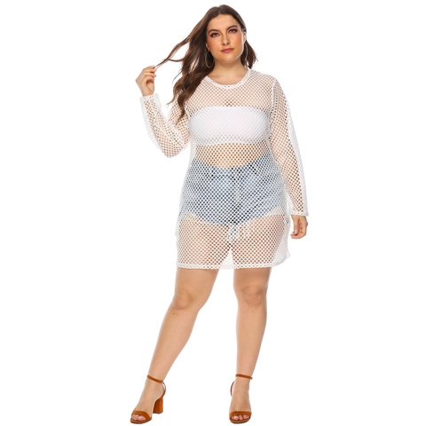 Plus Size Women See Through Mesh Beach Bikini Cover-Up Dress Hollow Out Knitted Long Sleeve Round Neck Mesh Mini Dress