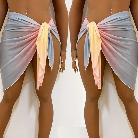 Sarong de Plage Dégradé Tie-Dye pour Femmes Jupe Portefeuille Sexy Transparente en Maille Maillot de Bain Cover Up Été