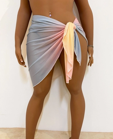 Sarong de Plage Dégradé Tie-Dye pour Femmes Jupe Portefeuille Sexy Transparente en Maille Maillot de Bain Cover Up Été
