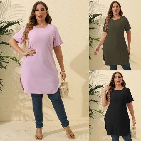 Dames Plus Size Effen Kleur Korte Mouw T-Shirt Casual Ronde Hals Middellang Top Met Zijsplit Zacht Ademend Daily Tee