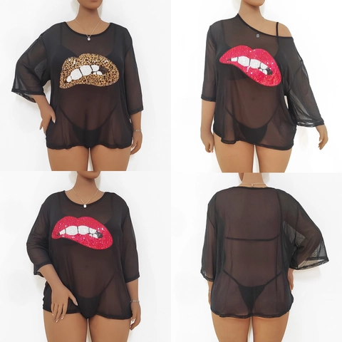 Camiseta de Talla Grande Sexy de Malla Transparente para Mujer Aplique de Labios con Lentejuelas Manga Corta Suelta Casual Ropa de Playa