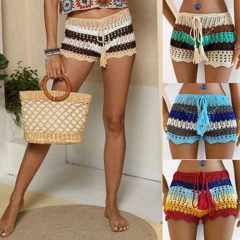 Women Crochet Beach Shorts Hollow Out Contrast Color Striped Bohemian Summer Hot Pants Tassel Drawstring Patchwork Bottom