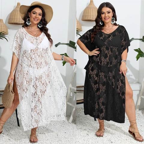 Plus Size Sexy Spitze Hohl Geschnitten Strand Cover Up V-Ausschnitt Seitenschlitz Irregulär Bikini Wickelkleid Damen Urlaub