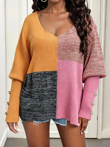 Damen Casual Farbenblock Patchwork V-Ausschnitt Pullover Locker Laternenärmel Strickoberteil Mit Knopfdekor Mode Strickjacke