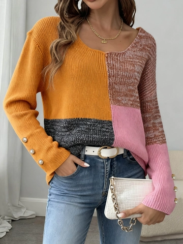 Damen Casual Farbenblock Patchwork V-Ausschnitt Pullover Locker Laternenärmel Strickoberteil Mit Knopfdekor Mode Strickjacke