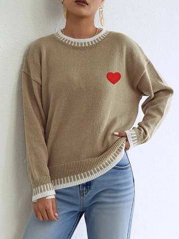Women Casual Contrast Color Patchwork Loose Knit Sweater Heart Embroidery Long Sleeve Pullover Preppy Style Round Neck Top