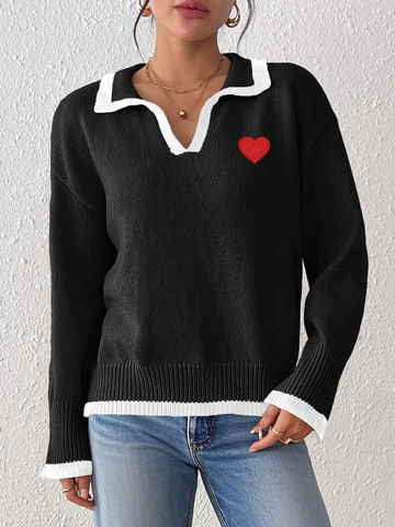 Women Casual Heart Patch Knitted Sweater Contrast Polo Collar Color Block Long Sleeve Pullover Soft Knit Top Autumn Winter