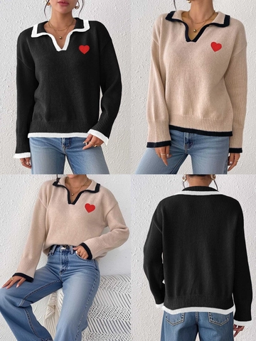 Women Casual Heart Patch Knitted Sweater Contrast Polo Collar Color Block Long Sleeve Pullover Soft Knit Top Autumn Winter