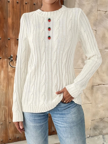 Women Casual Strawberry Button Cable Knit Sweater Crew Neck Long Sleeve Acrylic Pullover Top Sweet Soft Knitwear