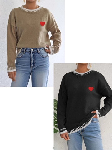 Women Casual Contrast Color Patchwork Loose Knit Sweater Heart Embroidery Long Sleeve Pullover Preppy Style Round Neck Top