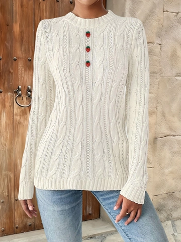 Damen Zopfmuster Acryl Pullover Süße Erdbeere Patchwork Rundhals Langarm Pullover Weich Lässig Streetwear Top