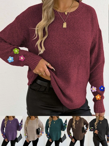 Pull Décontracté en Tricot à Manches Longues pour Femmes avec Patchwork de Fleurs au Crochet Col Rond