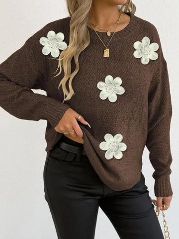 Damen 3D Blumen Patchwork Strickpullover Rundhals Langarm Pullover Perlenstickerei Casual Streetwear Stricktop