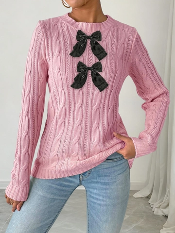 Women's Cable Knit Long Sleeve Sweater Bow Decoration Round Neck Pullover Casual Autumn Winter Knitwear Tops