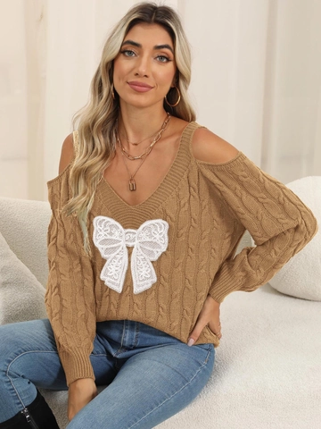 Pull à Torsades Épaules Dénudées pour Femmes Sexy Col en V Dentelle Nœud Manches Longues Chandail Automne Hiver Tricot Décontracté