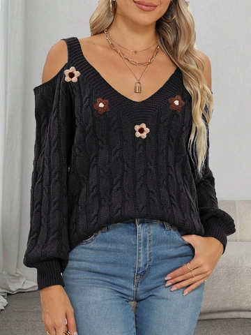 Maglione da Donna con Scollo a V e Spalle Scoperte Trecce con Decorazione Floreale 3D a Uncinetto Pullover in Acrilico