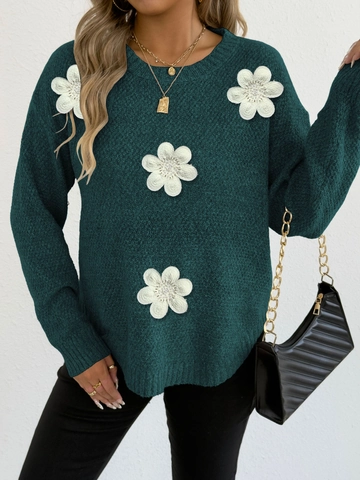 Damen 3D Blumen Patchwork Strickpullover Rundhals Langarm Pullover Perlenstickerei Casual Streetwear Stricktop