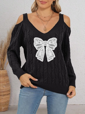 Pull à Torsades Épaules Dénudées pour Femmes Sexy Col en V Dentelle Nœud Manches Longues Chandail Automne Hiver Tricot Décontracté