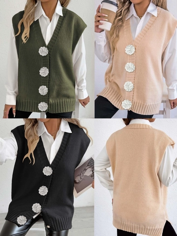 Gilet da Donna a Maglia Scollo a V Cardigan Con Bottoni a Perla Artificial a Fiore All'uncinetto Top Senza Maniche Largo per Uso Quotidiano