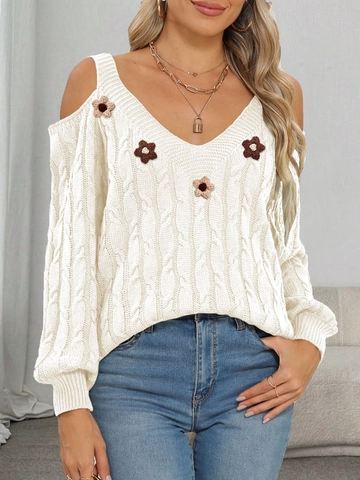 Women's Acrylic Cable Knit Cold Shoulder Sweater With 3D Hand Crocheted Flowers V-Neck Pullover Streetwear Knitwear Top