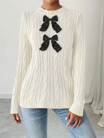 Women's Cable Knit Long Sleeve Sweater Bow Decoration Round Neck Pullover Casual Autumn Winter Knitwear Tops