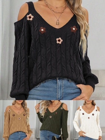 Maglione da Donna con Scollo a V e Spalle Scoperte Trecce con Decorazione Floreale 3D a Uncinetto Pullover in Acrilico
