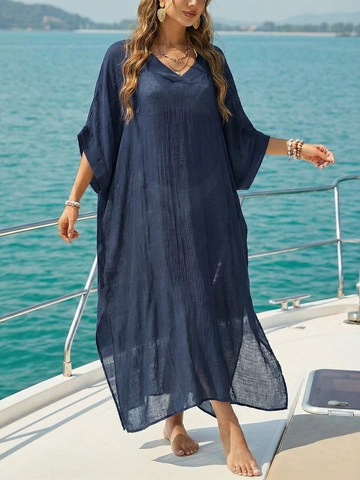 Sortie de Plage Femme Été Col en V Ample Kaftan Polyester Couleur Unie Fente Latérale Robe Longue Vacances Top