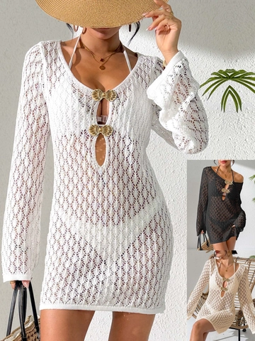 Vestido de Playa de Ganchillo para Mujer Diseño Calado Manga Larga Cuello en V con Hebilla de Concha Cubierta de Traje de Baño Corto