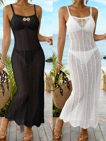 Women Sexy Crochet Hollow Out Beach Maxi Dress Spaghetti Strap Metal Buckle Slim Fit Knit Vacation Cover Up Long Dress