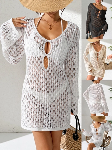 Women Sexy Hollow Out Crochet Beach Cover Up V Neck Long Sleeve Mesh Swimsuit Dress Summer Casual Bohemia Sarong Top