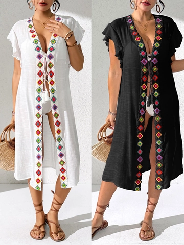 Women Boho Bikini Cover Up Crochet Embroidery Tassel Beach Cardigan V Neck Ruffle Sleeve Sun Protection Vacation Outerwear
