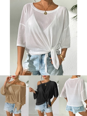 Dames Losjes Off-Shoulder Doorschijnend Top Strik Zoom Lange Mouwen Blouse Casual Strand Bikini Cover Up Sexy Zomer