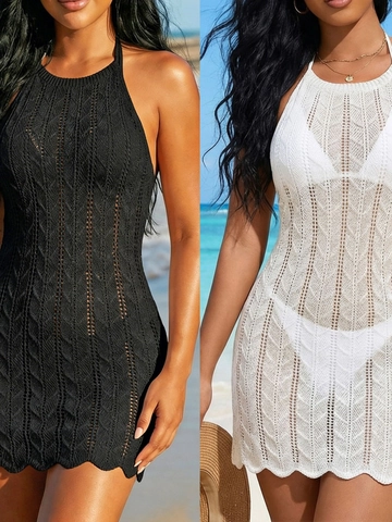 Donna Sexy Copricostume da Spiaggia all'Uncinetto con Scollo all'Americana Schiena Scoperta Traforato Bordo Ondulato Mini Vestito Estivo