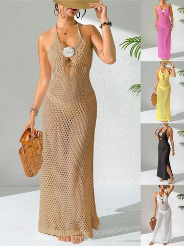 Damen Halfter V-Ausschnitt Rückenfrei Gehäkelt Strandkleid 3D Blume Ausschnitt Seitenschlitz Cover Up Boho Urlaub Strick Maxikleid