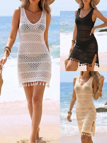 Copricostume da Spiaggia All'uncinetto Traforato Donna Scollo a V Senza Maniche con Frange Spacco Laterale Abito in Maglia
