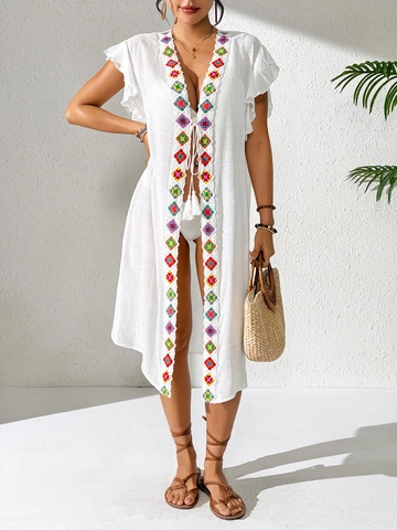 Women Boho Bikini Cover Up Crochet Embroidery Tassel Beach Cardigan V Neck Ruffle Sleeve Sun Protection Vacation Outerwear