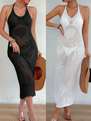 Vestito da Spiaggia Sexy Donna all'Uncinetto Scollo Americana Schiena Scoperta Maxi Abito Traforato Jacquard Palma da Cocco Copricostume
