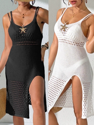 Copricostume da Spiaggia da Donna all'Uncinetto Con Stella Marina Dorata Sexy Spacco Laterale Traforato Vestito Lungo in Maglia da Vacanza