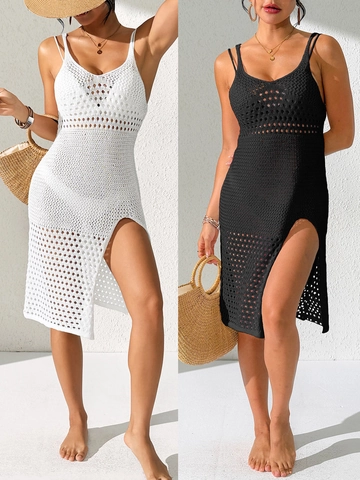 Copricostume da Spiaggia all'Uncinetto da Donna Scollo a V Spalline Sottili Traforato Spacco Laterale Vestito in Maglia Midi