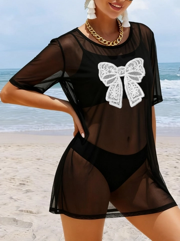 Donna Sexy Copricostume in Maglia Trasparente Manica a Metà T-Shirt Patchwork Fiocco in Pizzo Top Estivo per Vacanza