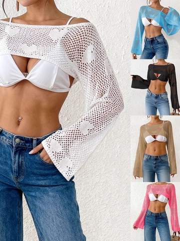 Heart Jacquard Hollow Knit Shrug For Women Sexy Long Sleeve Beach Bikini Cover Up Crochet Super Crop Top Bolero Summer Outerwear
