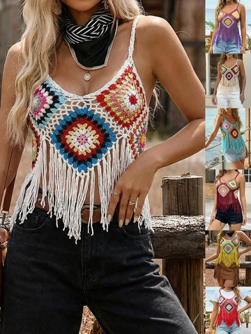 Boho Häkel Quasten Cami Top Damen Buntes Granny Square Durchbruch V-Ausschnitt Strand Urlaub Ärmelloses Tank Top