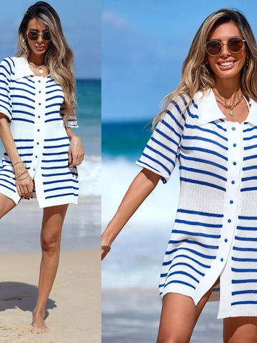 Nautische Streep Gebreide Jurk Dames Revers Single Breasted Knoop Korte Mouw Casual Mini Strand Cover Up Vakantie Outfit
