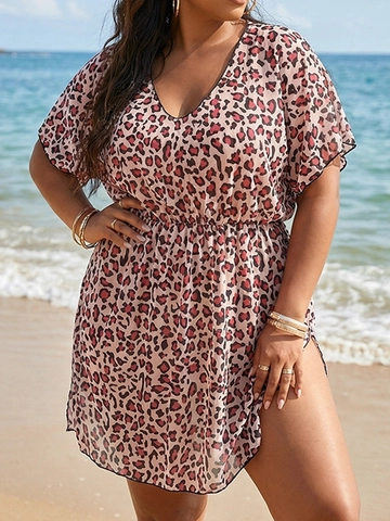 Copricostume da Mare Taglie Forti Donna Stampa Leopardata in Maglia Sexy Scollo a V Profondo Manica Corta Abito da Spiaggia con Spacco